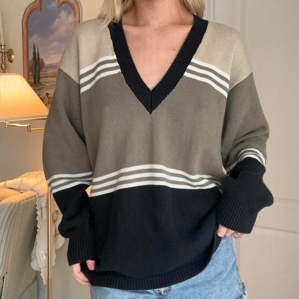 Vintage 90s Lizsport Striped V-Neck Chunky Knit Sweater